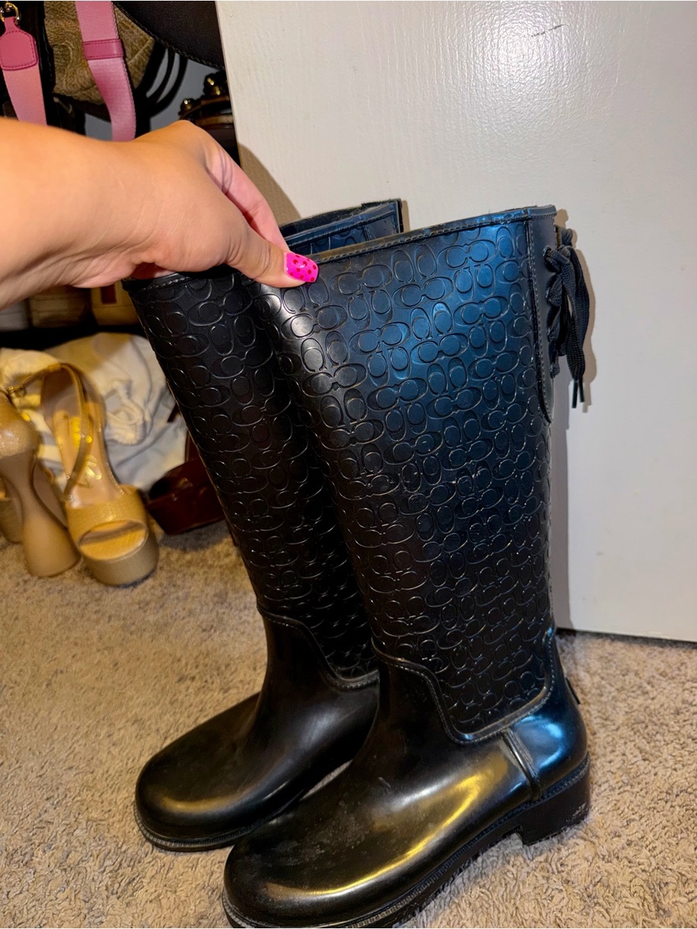Coach Black Embossed Rain Boots with Lace Detail